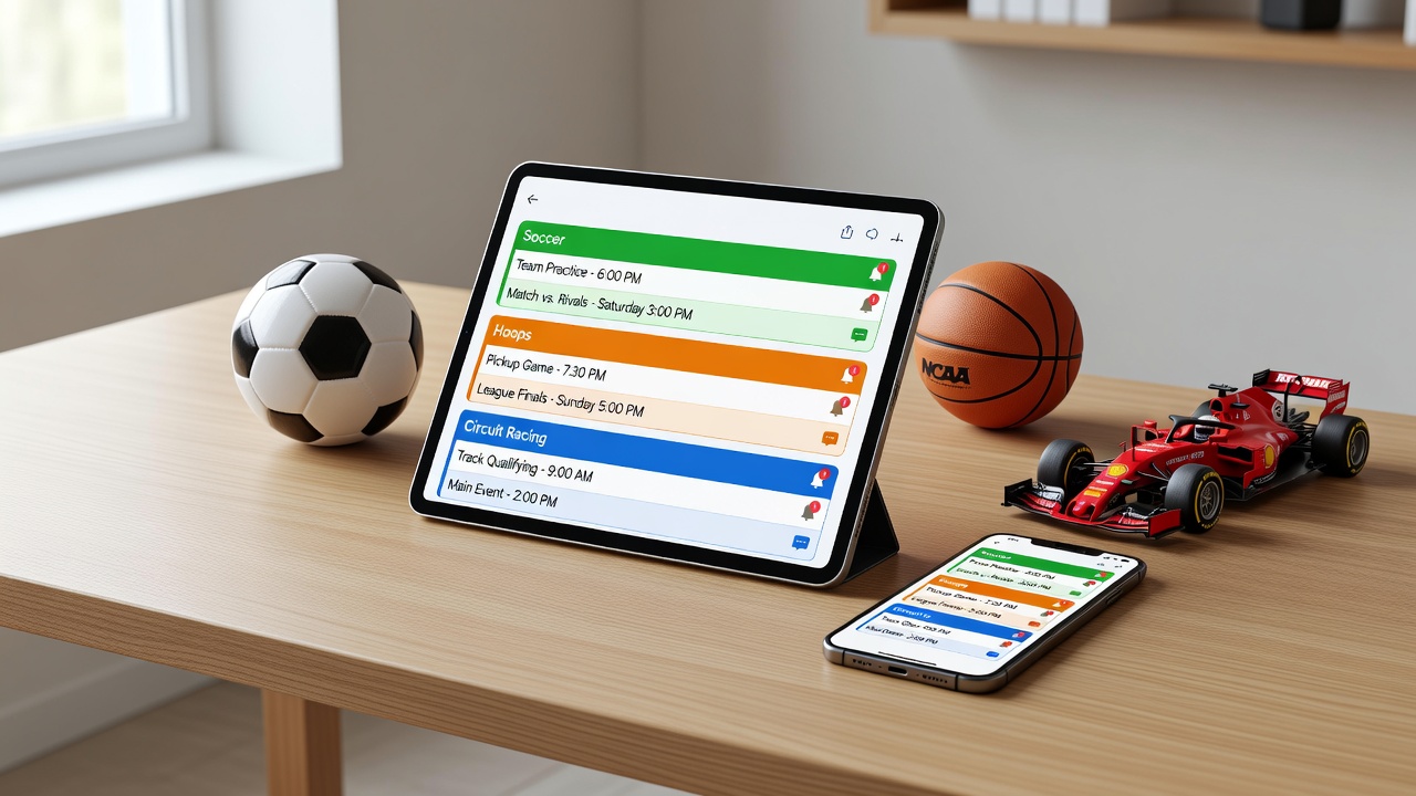 Fans verwalten mehrere Sportkalender mit synchronisierten mobilen Alerts für Fußball, Basketball und Rennsport