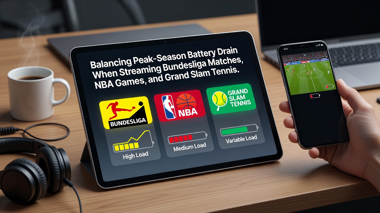 Smartphone mit mehreren geöffneten Sport-Streams und Akku-Management-Dashboard