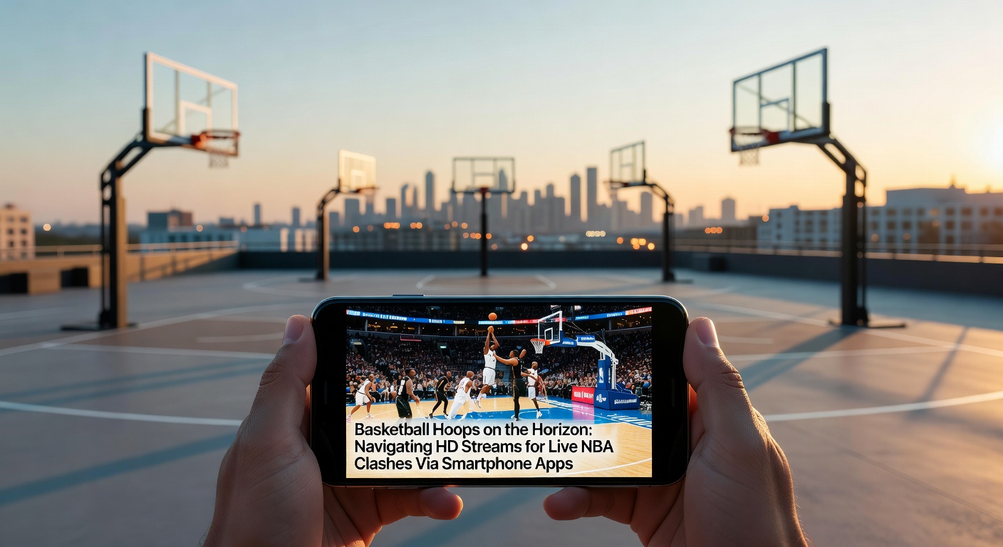 Smartphone mit NBA-Live-Stream auf hellem Display, Basketballspieler im Hintergrund in Action