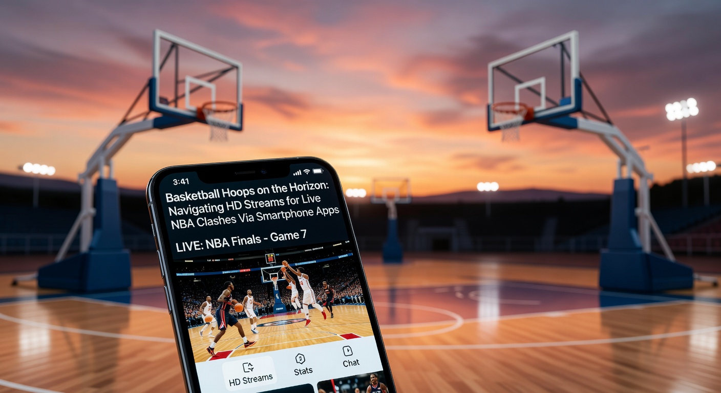 Nahaufnahme eines Basketballspiels im HD-Stream auf Smartphone, mit Score-Overlay und schnellen Action-Momenten