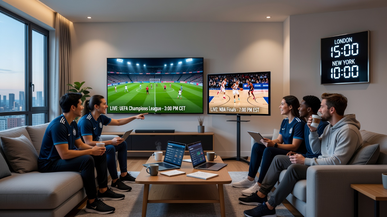 Mobile Geräte zeigen parallele Sportübertragungen aus Europa und Nordamerika mit Zeitangaben