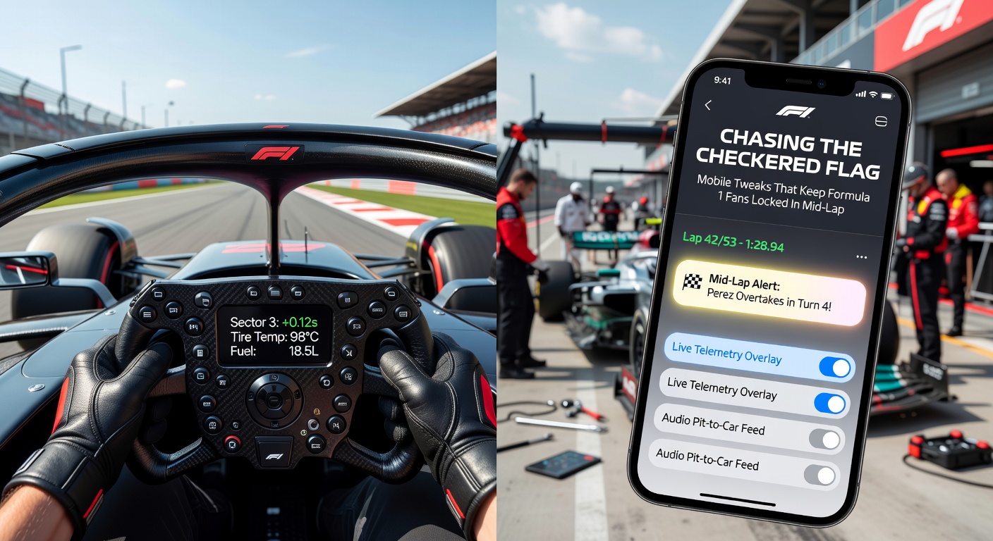 Formel-1-Auto rast durch eine Kurve, während Fans auf Smartphones die Live-Übertragung verfolgen