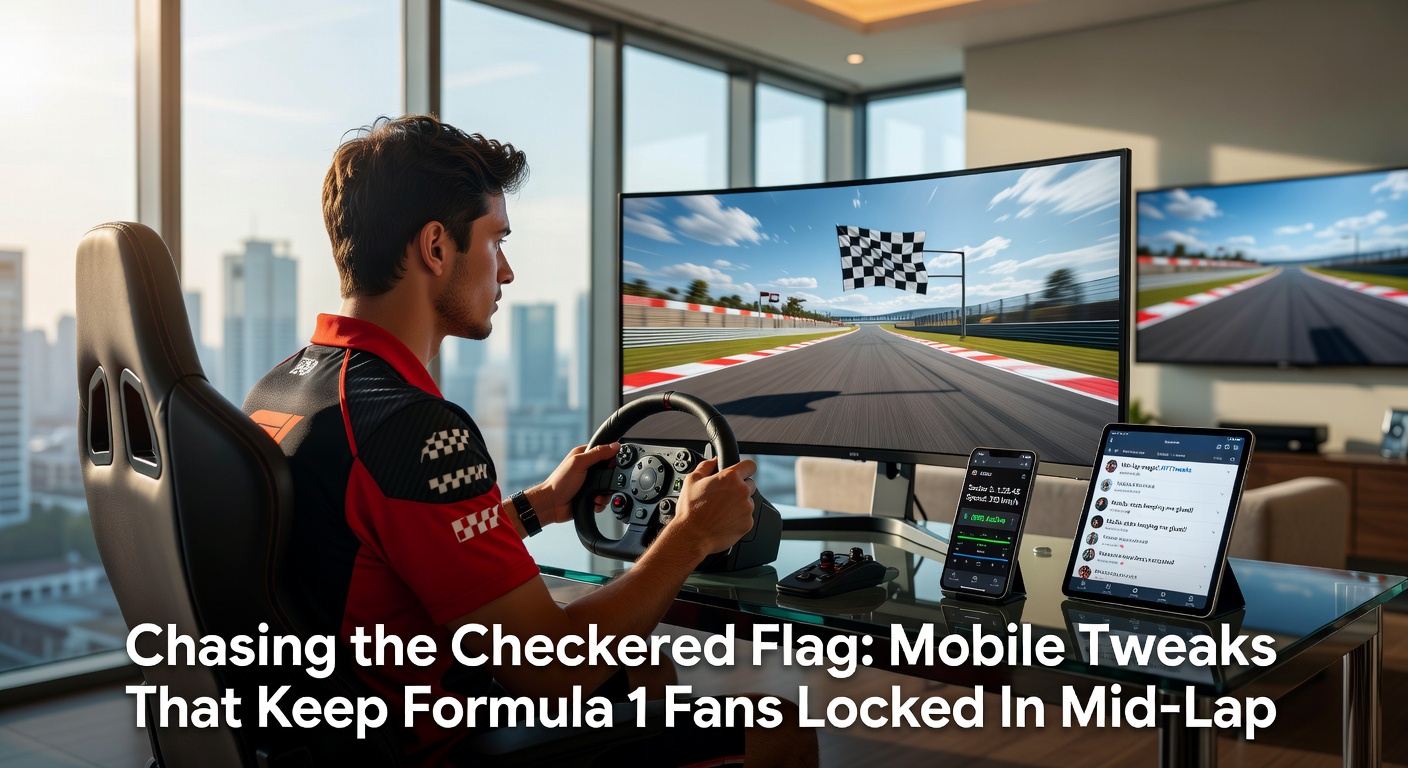 Smartphone-Bildschirm mit Live-Telemetrie-Overlay während eines Formel-1-Rennens, Grafiken zu Geschwindigkeit und Positionen