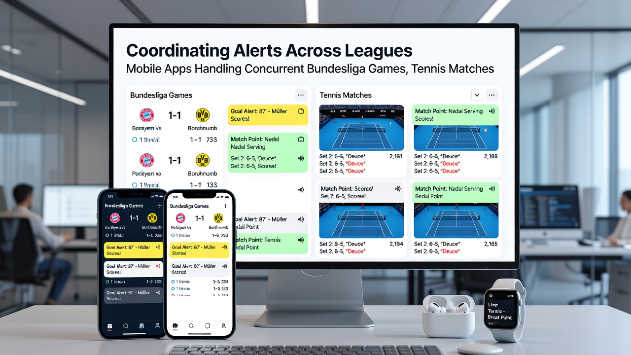 Smartphone-Display mit parallelen Sportkalendern und Alert-Einstellungen für globale Events