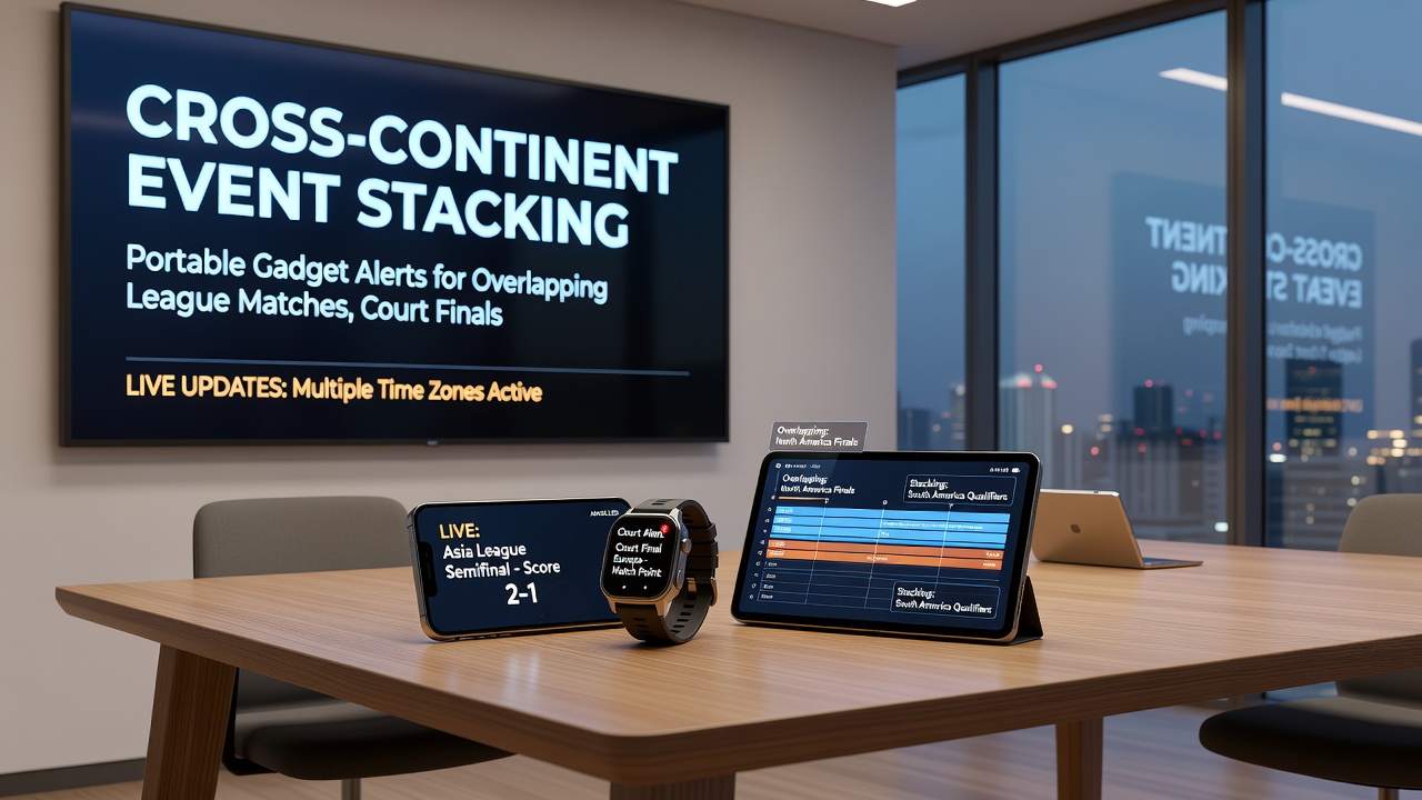 Smartphone und Smartwatch mit gestapelten Sport-Event-Benachrichtigungen über verschiedene Zeitzonen