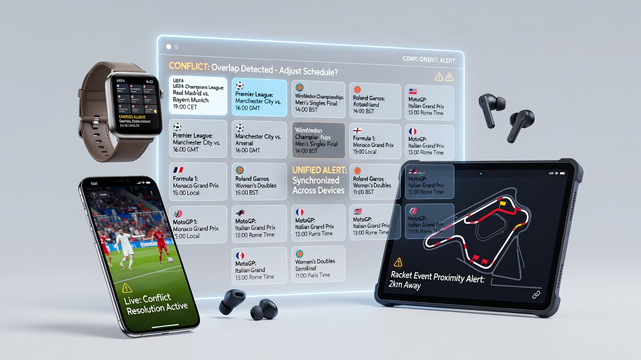 Vernetztes Tracking von Sportkalendern auf Smartphones und Wearables zeigt überschneidende Termine für Fußball, Tennis und Formel 1