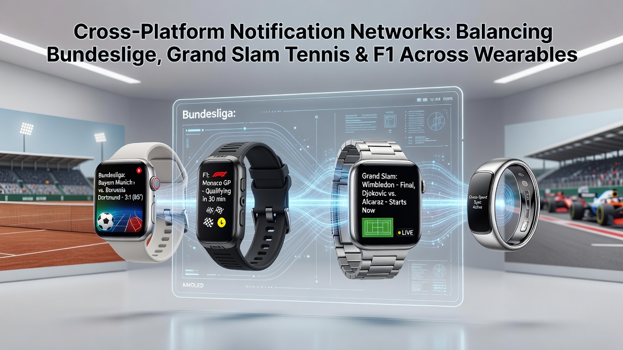 Illustration plattformübergreifender Benachrichtigungsnetzwerke auf Smartwatches und Smartphones für Sporttermine