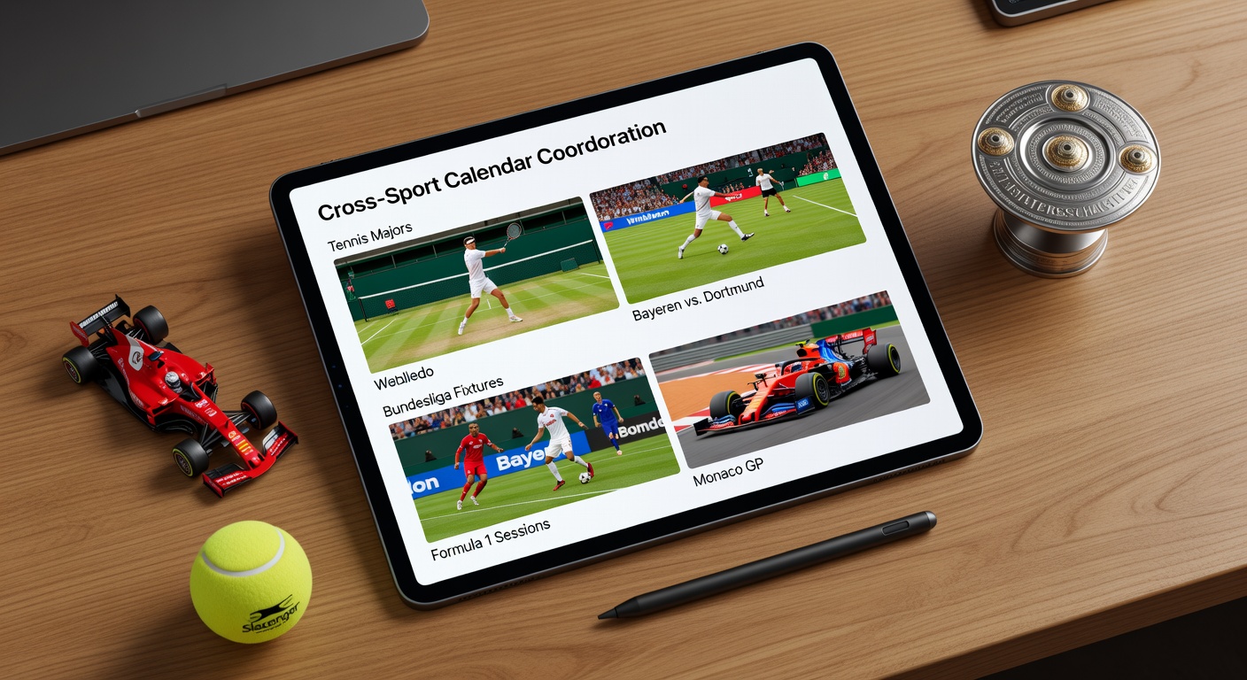 Mobile Geräte zeigen synchronisierte Sportkalender mit Tennis, Bundesliga und Formel-1-Terminen