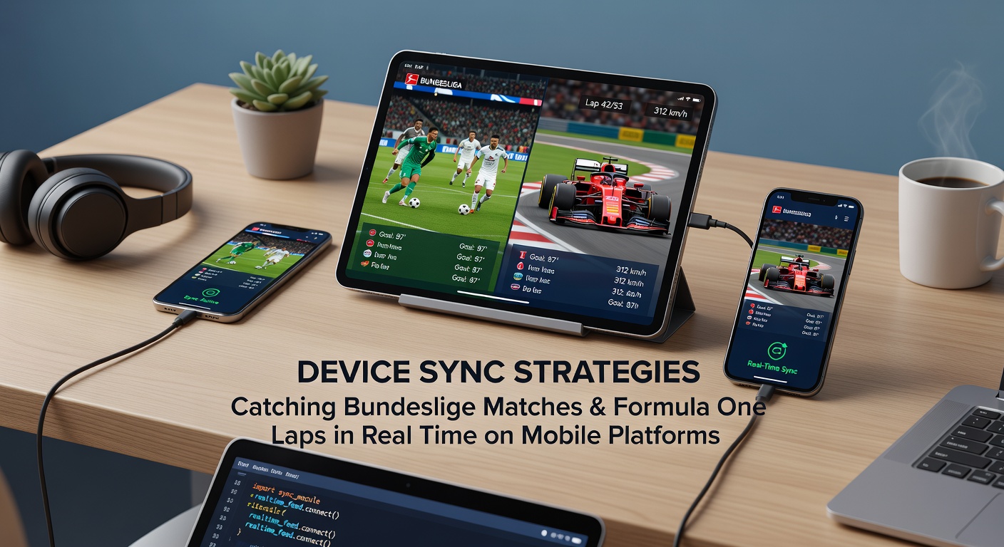 Mobile Geräte zeigen synchronisierte Bundesliga- und Formel-1-Streams mit Echtzeit-Updates auf verschiedenen Bildschirmen