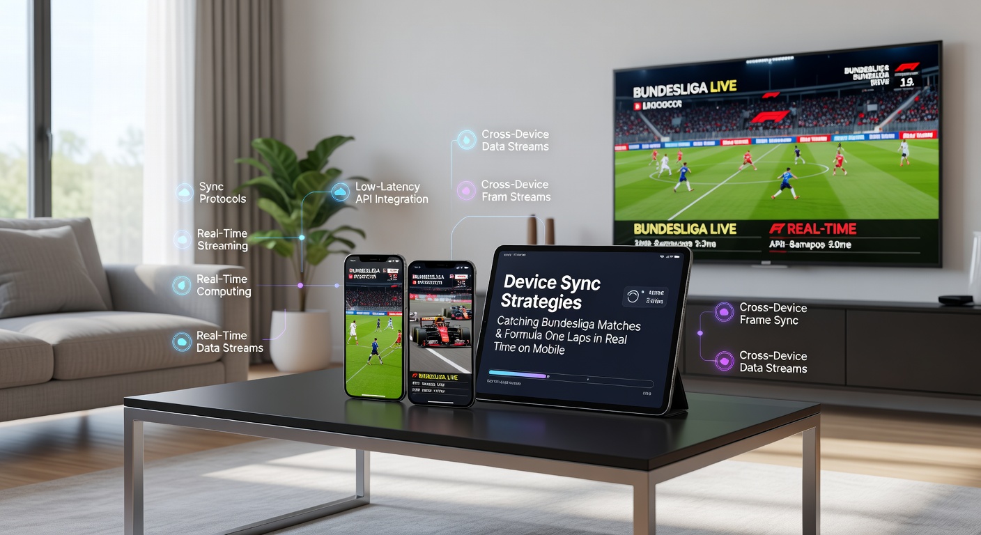 Verschiedene mobile Geräte mit synchronisierten Formel-1- und Bundesliga-Streams während einer Live-Übertragung