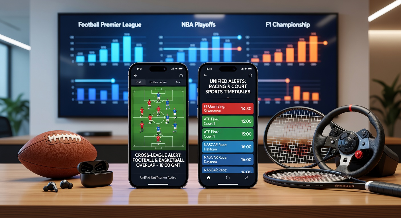 Darstellung von Terminüberschneidungen zwischen Fußball, Court-Sports und Rennsport auf mobilen Displays