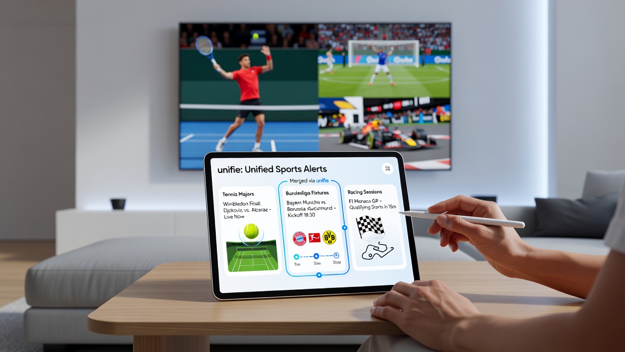 Mobile Kalender-Ansicht mit integrierten Sportbenachrichtigungen für Tennis, Bundesliga und Rennen