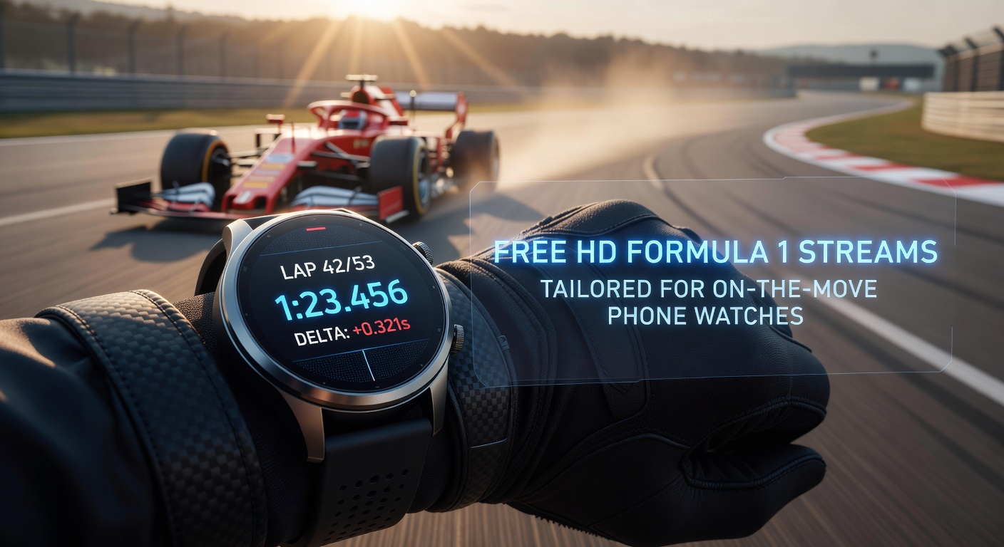 Schnelles Formel-1-Auto rast über die Strecke, während eine Smartwatch HD-Stream mit Rundenzeiten anzeigt