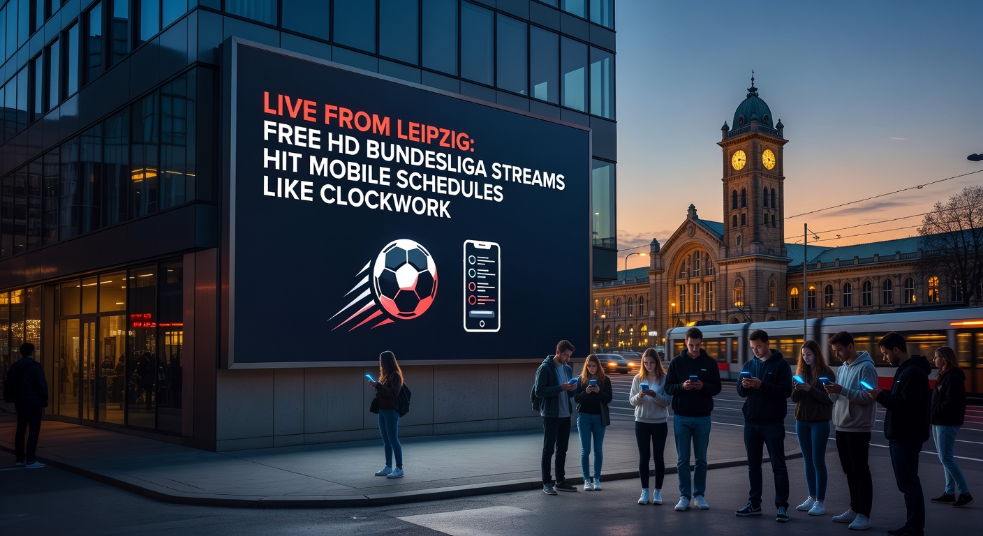 Smartphone-Bildschirm zeigt HD-Bundesliga-Stream eines RB-Leipzig-Spiels mit Kalender-Integration und Echtzeit-Score