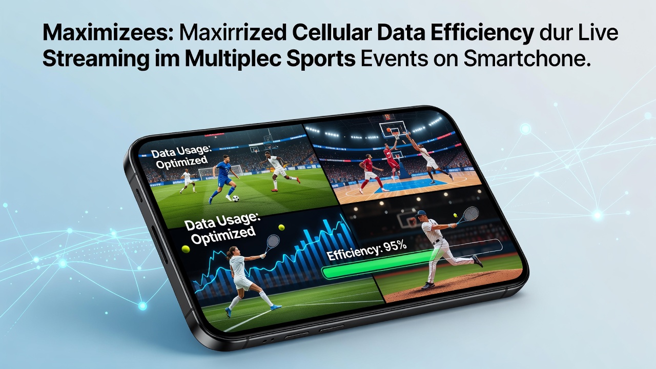 Smartphone zeigt mehrere Sport-Streams mit Datenverbrauchsanzeige und optimierten Einstellungen
