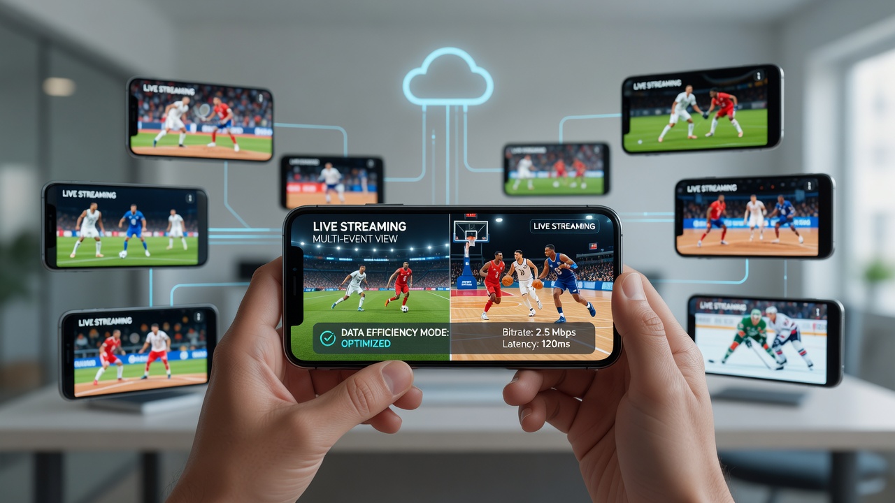Mehrere Smartphones und Tablets zeigen synchronisierte Sport-Livestreams mit reduziertem Datenverbrauch