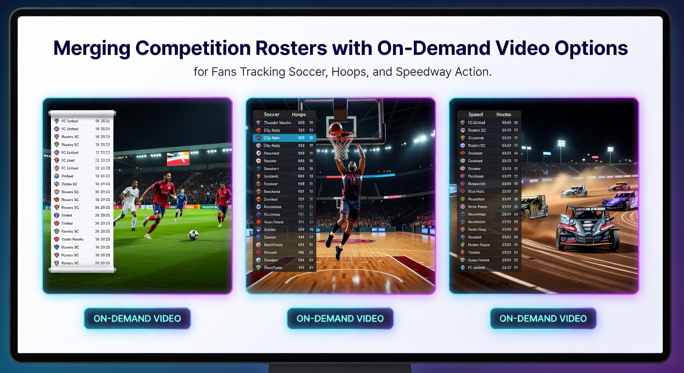 Darstellung der Verknüpfung von Teamaufstellungen mit On-Demand-Video-Optionen für Fans, die Fußball, Basketball und Speedway verfolgen