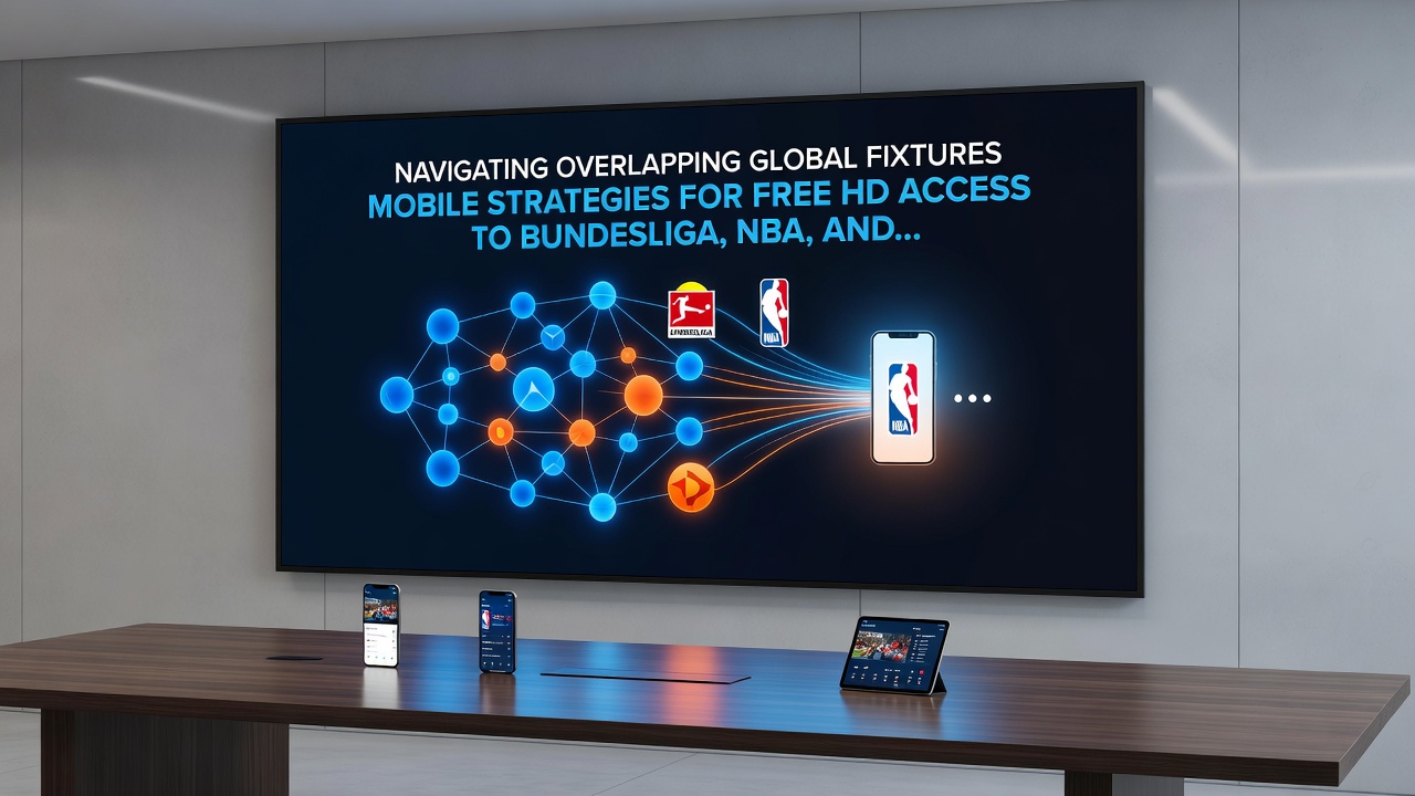Smartphone-Bildschirm mit parallelen HD-Streams von Fußball, Basketball und Tennis