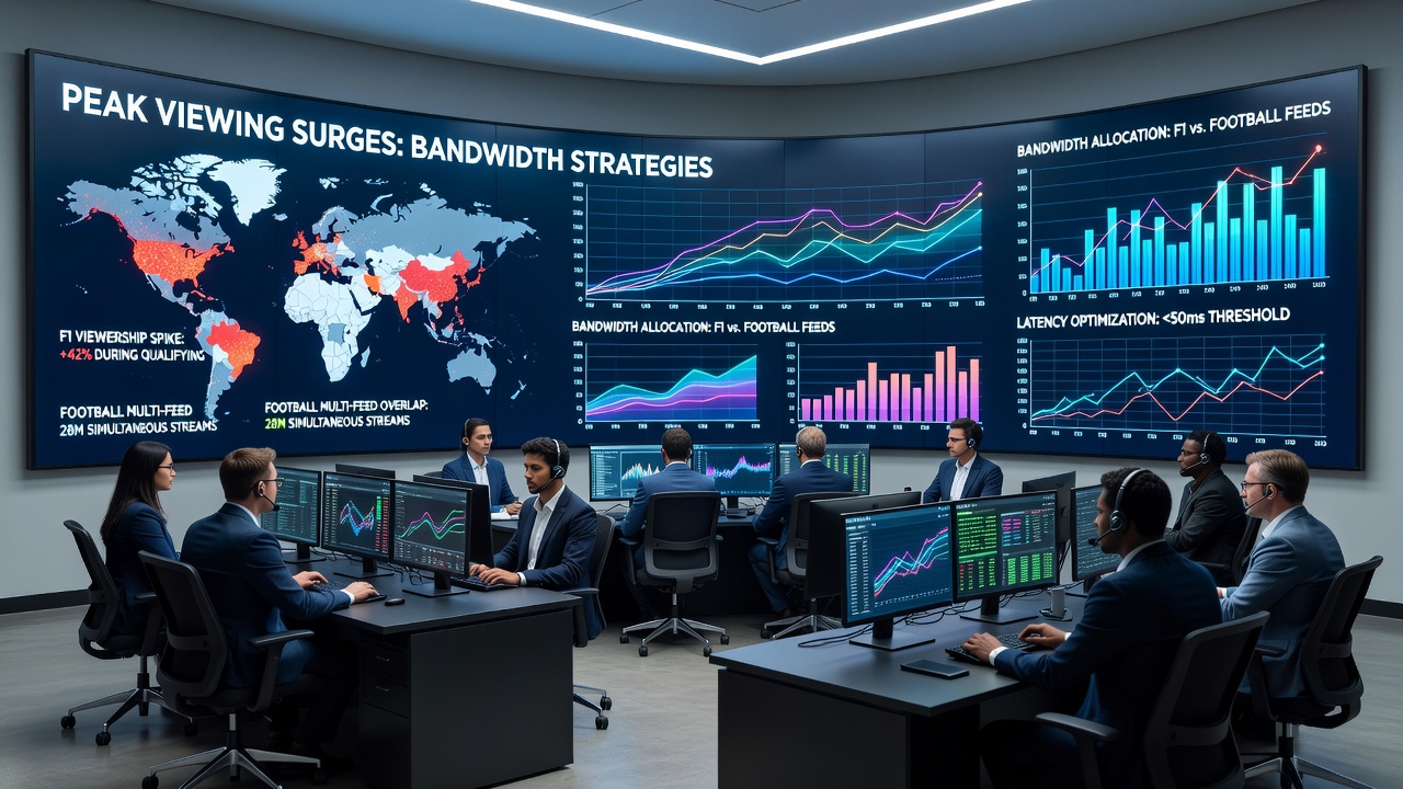 Diagramm illustriert Edge-Computing-Knoten und CDN-Verteilung während eines Spitzenlast-Events mit Formel-1 und Fußball
